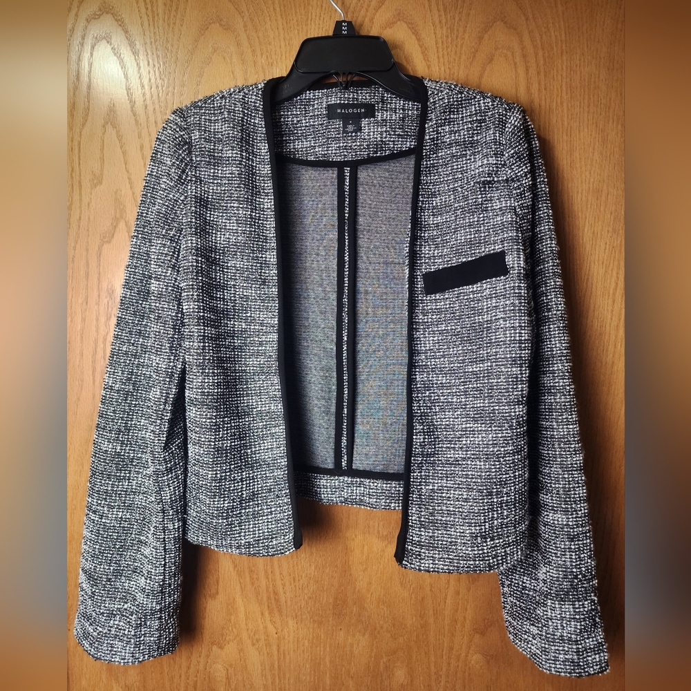 Halogen Black and White Tweed Women's Jacket Collarless Open Front Sz Small